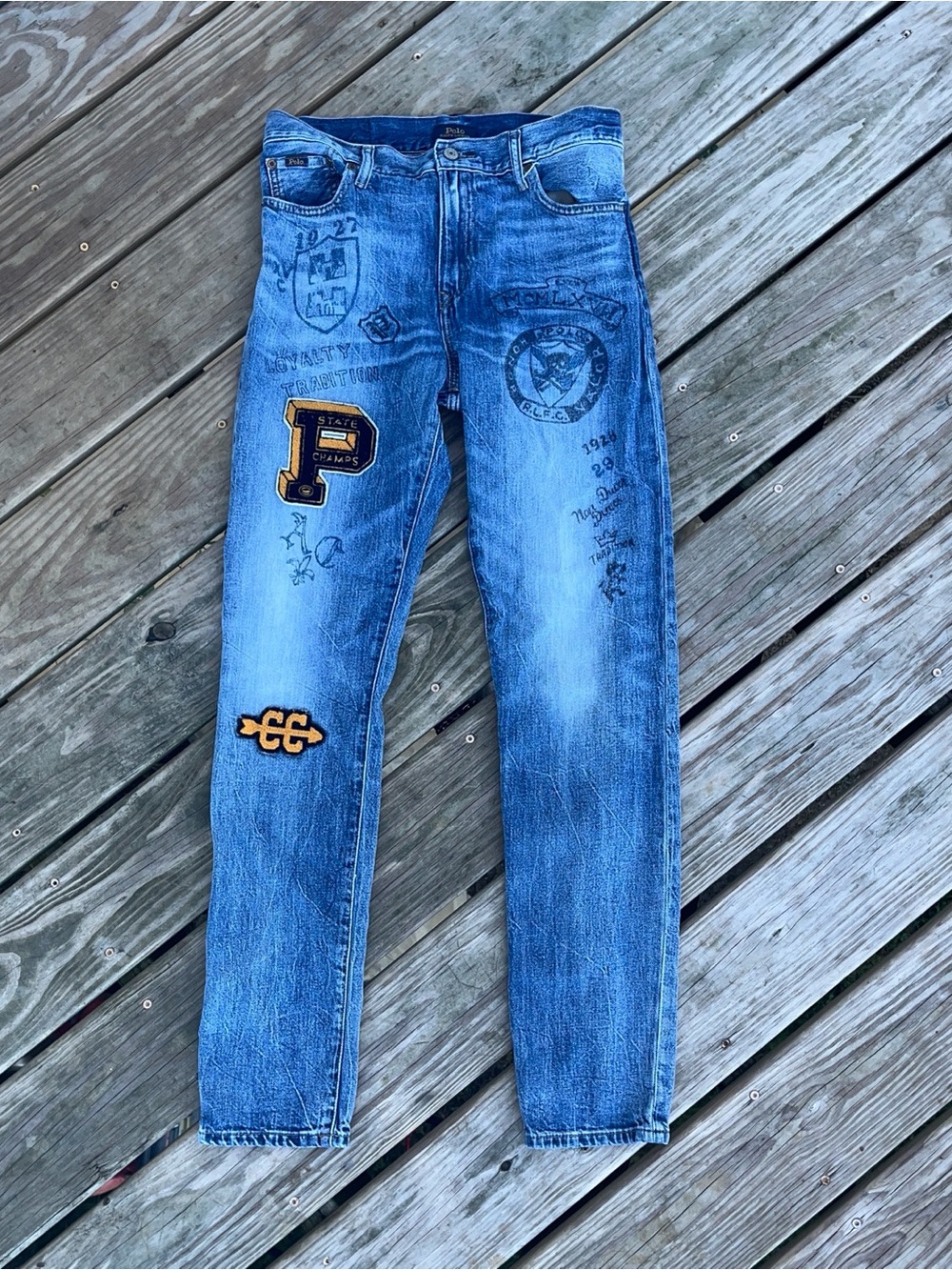 Polo Ralph Lauren Sullivan Slim Varsity Embroidered Patchwork Jeans Size 20 Boys